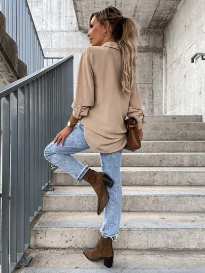 Chemisiers tendance à manches longues et col à revers de couleur unie 