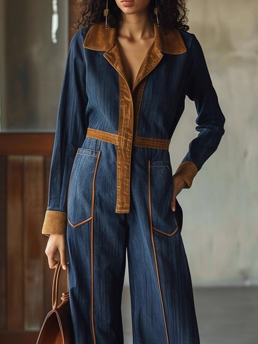 High Waisted Long Sleeves Buttoned Pockets Lapel Jumpsuits