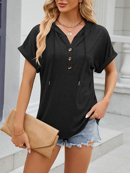 Loose Buttoned Hooded Solid Color Shirts Tops
