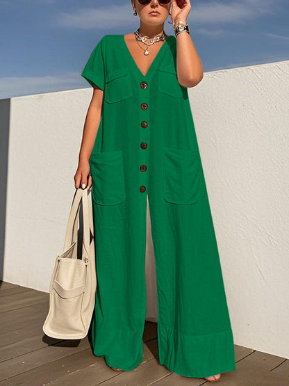 Loose Short Sleeves Buttoned Pockets Solid Color V-Neck Jumpsuits