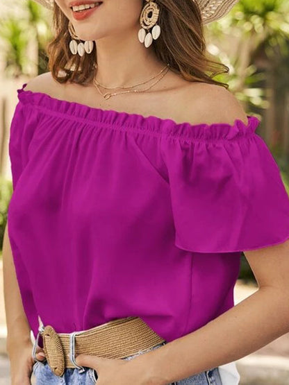 Loose Short Sleeves Elasticity Ruffle Trim Solid Color Off-The-Shoulder Blouses&Shirts Tops