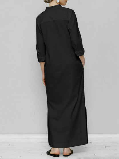 Long Sleeves Loose Solid Color Split-Joint V-Neck Maxi Dresses