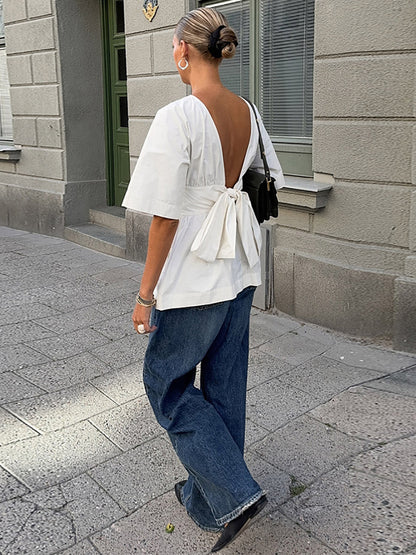 Elasticated Waist High Waisted Pleated Solid Color Split-Joint Tied Waist Round-Neck Blouses&Shirts Tops