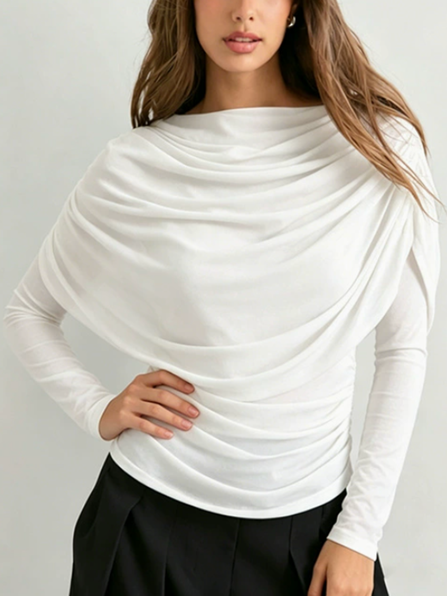 Solid Color See-Through Ruched Skinny Long Sleeves Heaps Collar Blouses&shirts Tops
