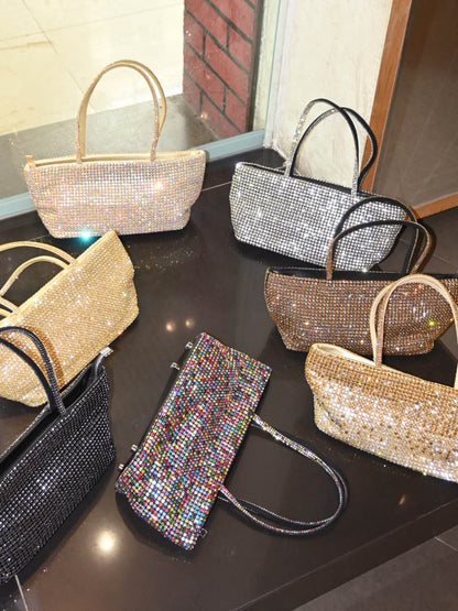 Zipper Solid Color Rhinestone Satchels Bags