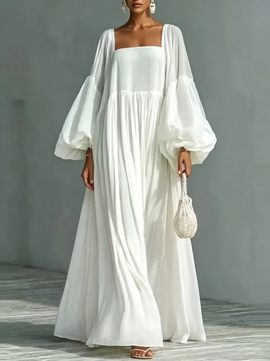 Zipper Split-Joint Solid Color Elasticity Backless Puff Sleeves Loose Square-neck Maxi Dresses