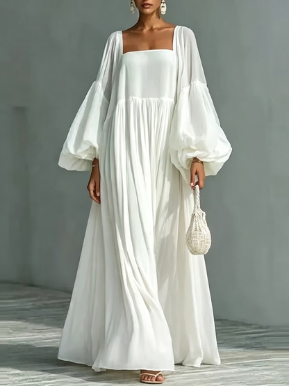 Zipper Split-Joint Solid Color Elasticity Backless Puff Sleeves Loose Square-neck Maxi Dresses