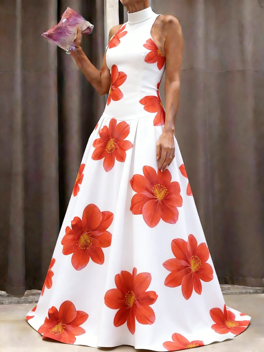 A-Line Sleeveless Contrast Color Flower Print Pleated Split-Joint Mock Neck Maxi Dresses