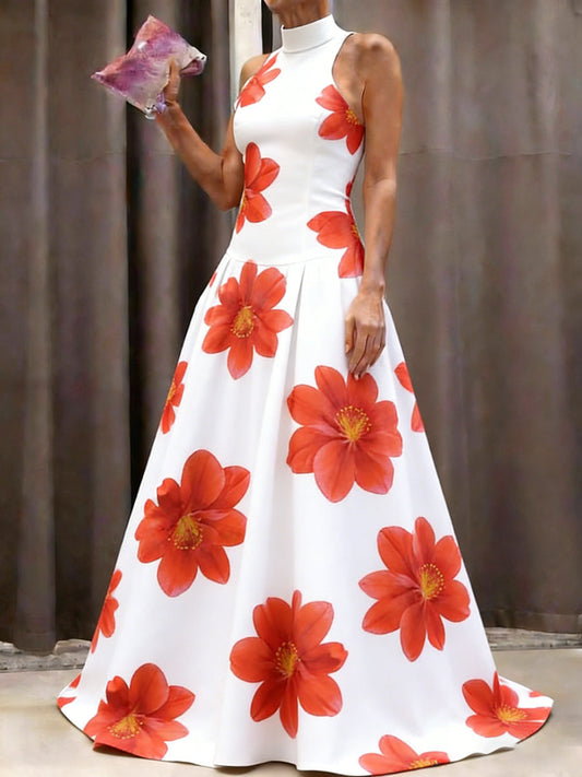 A-Line Sleeveless Contrast Color Flower Print Pleated Split-Joint Mock Neck Maxi Dresses