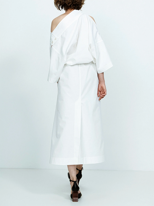 Long Sleeves Loose No Belt Solid Color Off-The-Shoulder Midi Dresses