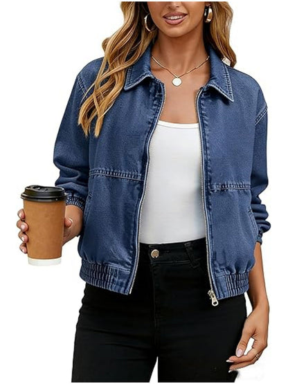 Zipper Split-Joint Solid Color Pockets Elasticity Long Sleeves Cropped Lapel Outerwear Jackets