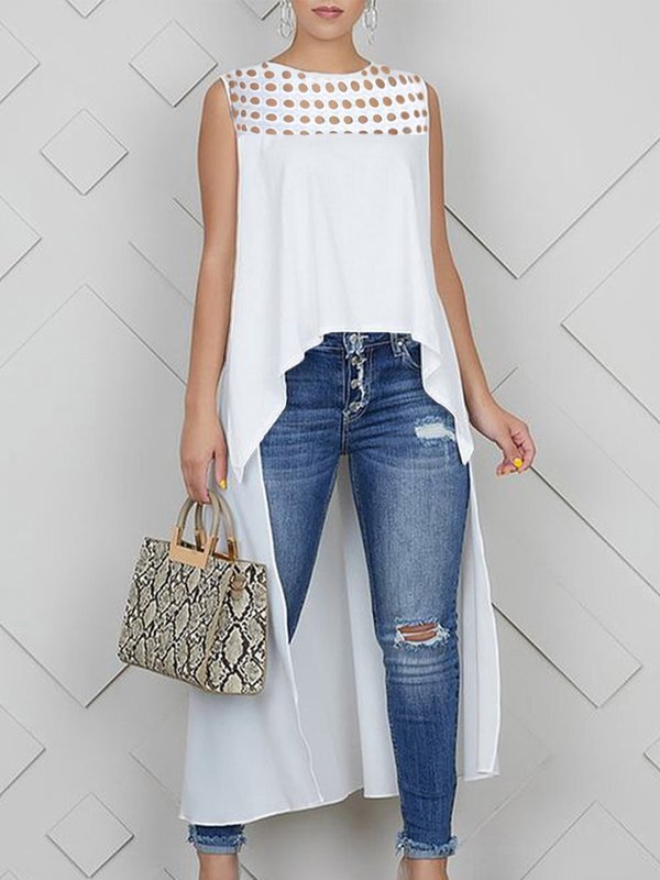 High-Low Loose Embroidered Solid Color Round-Neck Vest Top