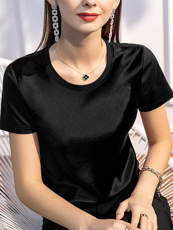 Short Sleeves Solid Color Round-Neck T-Shirts Tops BLACK