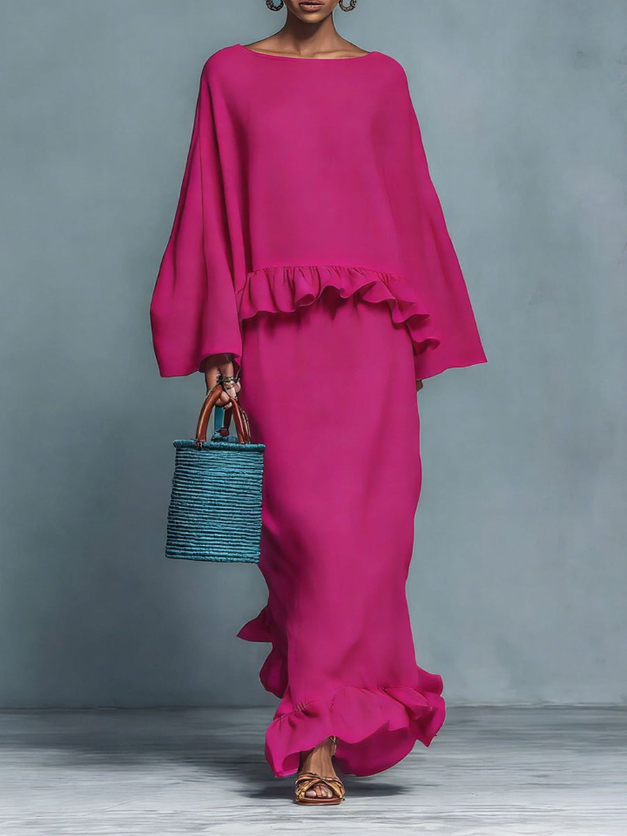 Pleated Ruffled Solid Color Split-Joint Round-neck Long Sleeves Blouses&shirts Tops + High Waisted Skirts Bottoms Two Pieces Set