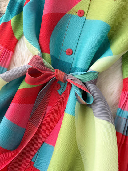 Flared Sleeves Loose Belted Contrast Color Pleated Midi Dresses