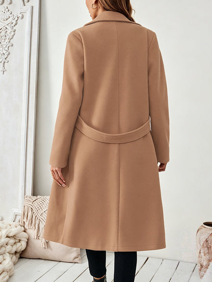 Solid Color Pockets Buttoned Loose Long Sleeves Notched Collar Woolen Coat
