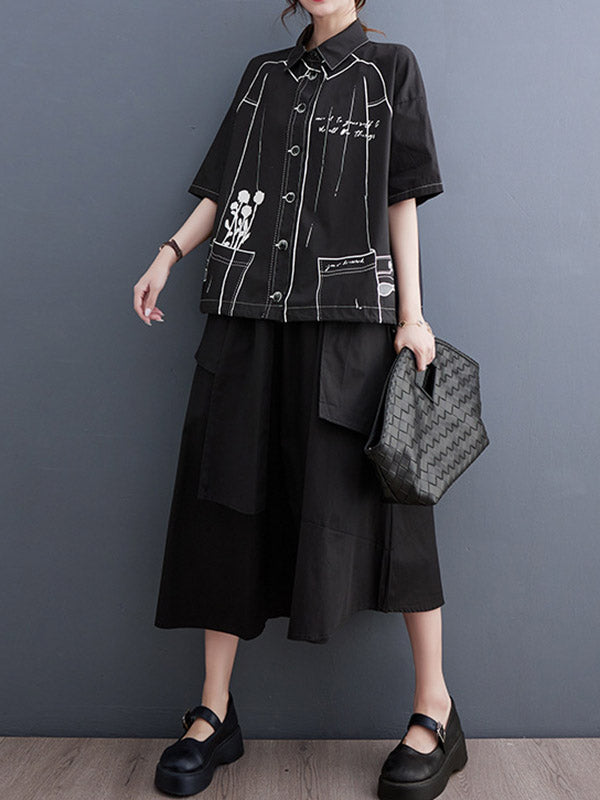 Lose Kurzarm-Blusen und -Hemden mit geknöpftem, bedrucktem Revers 