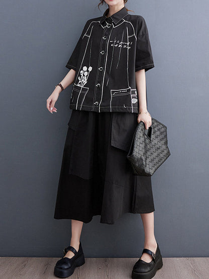 Lose Kurzarm-Blusen und -Hemden mit geknöpftem, bedrucktem Revers 