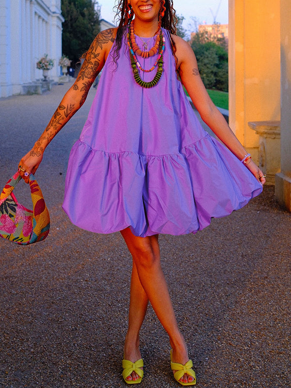 High Waisted Loose Pleated Solid Color Round-Neck Mini Dresses