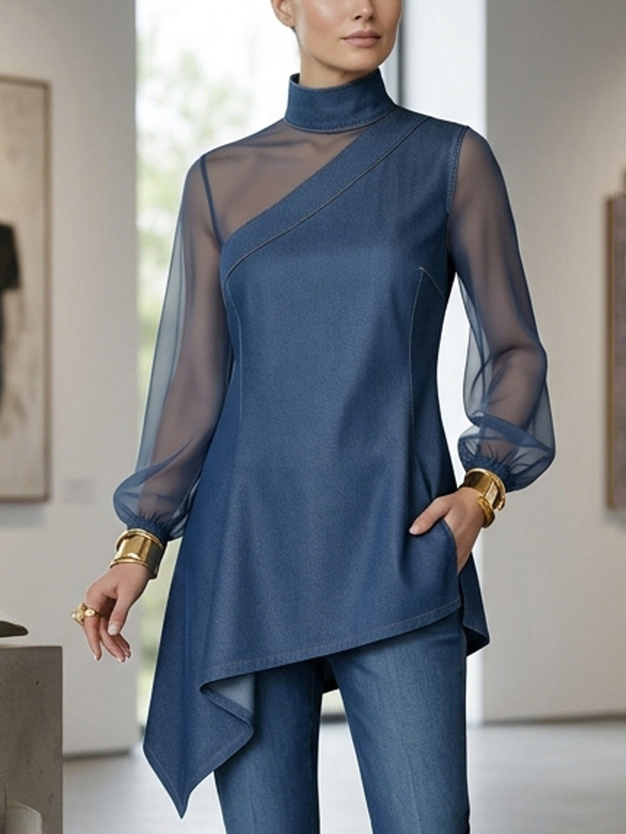 Split-Joint Mesh Asymmetric Puff Sleeves Long Sleeves Mock Neck Blouses&Shirts Tops