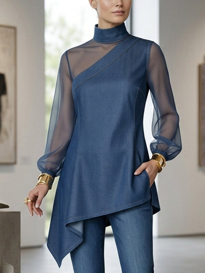 Split-Joint Mesh Asymmetric Puff Sleeves Long Sleeves Mock Neck Blouses&Shirts Tops