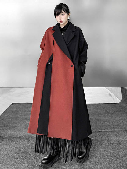 Irregularity Long Sleeves Buttoned Contrast Color Double-Breasted Split-Joint Tasseled Notched Collar Outerwear Overcoat