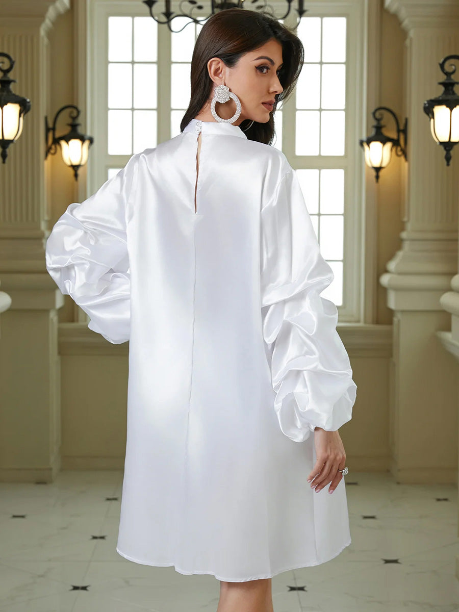 Long Sleeves Loose Pleated Solid Color Split-Joint Stand Collar Mini Dresses