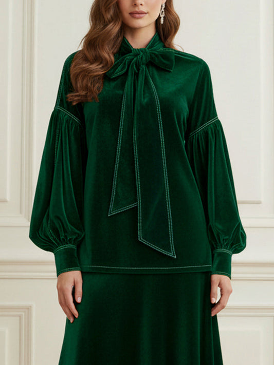 Long Sleeves Puff Sleeves Bow-Embellished Pleated Solid Color Split-Joint Tied Half Turtleneck Blouses&Shirts Tops