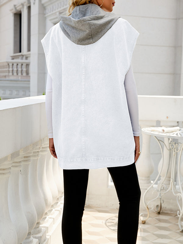 Gilet ample sans manches, boutonné, poches à capuche amovibles, col à revers fendu, vêtements d'extérieur 