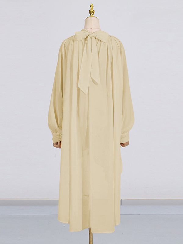 High-Low Long Sleeves Pleated See-Through Solid Color Tied High Neck Blouses&Shirts Tops