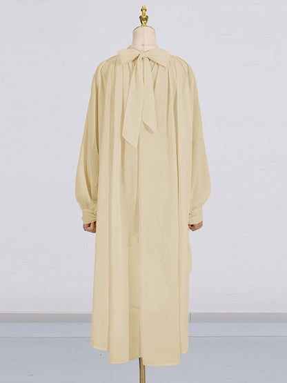 High-Low Long Sleeves Pleated See-Through Solid Color Tied High Neck Blouses&Shirts Tops