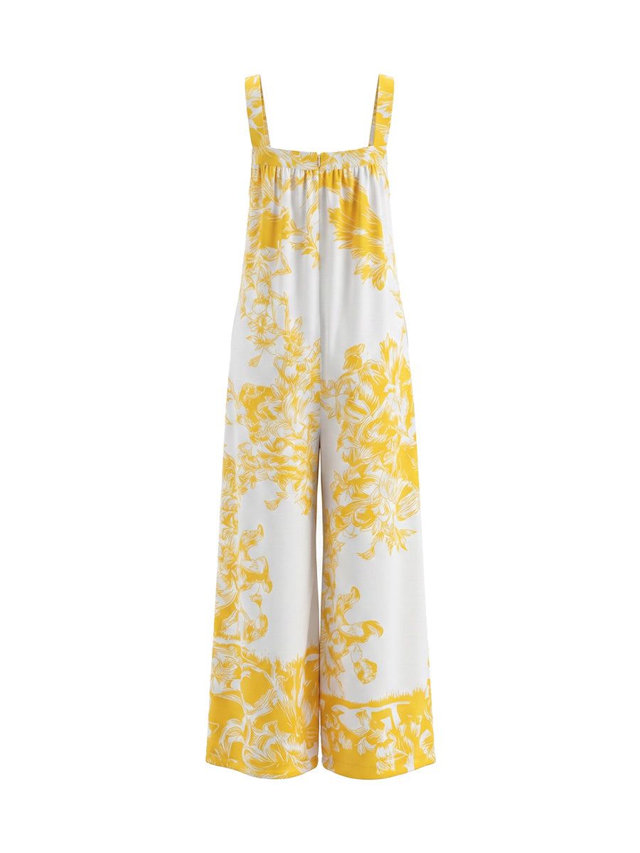 Pockets Pleated Flower Print Wide Leg Sleeveless Spaghetti-Neck Jumpsuits