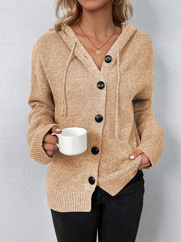 Cardigan boutonné à capuche de couleur unie 