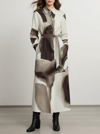 Long Sleeves Loose Asymmetric Belted Buttoned Print Wash Painting Maxi Dresses Shirt Dress