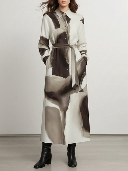 Long Sleeves Loose Asymmetric Belted Buttoned Print Wash Painting Maxi Dresses Shirt Dress