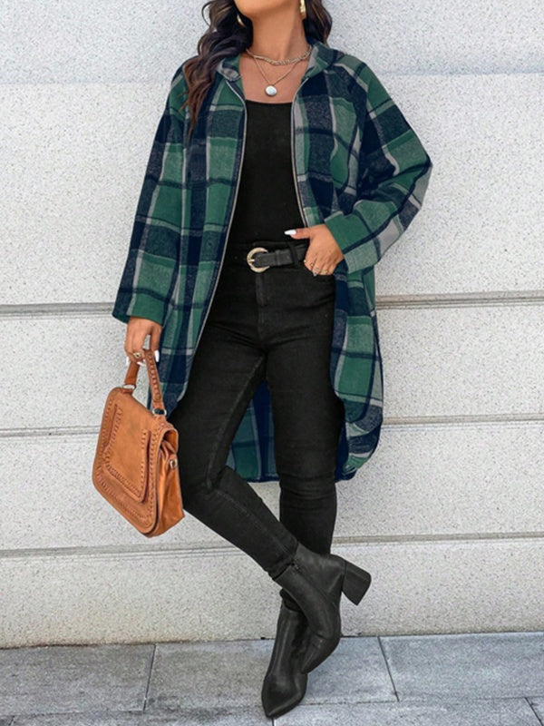 High-Low Long Sleeves Plaid Zipper Hooded Outerwear