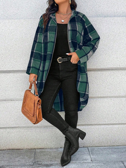 High-Low Long Sleeves Plaid Zipper Hooded Outerwear