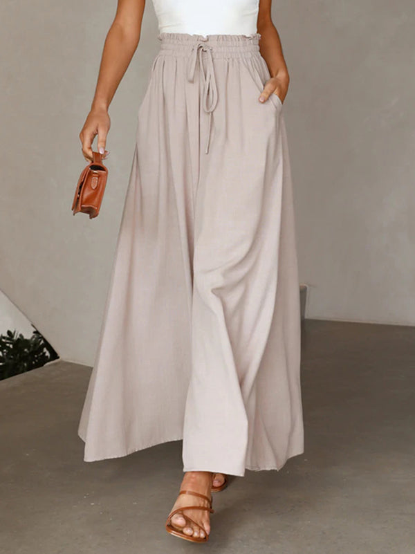 High Waisted Loose Drawstring Elasticity Pleated Pockets Solid Color Pants Trousers