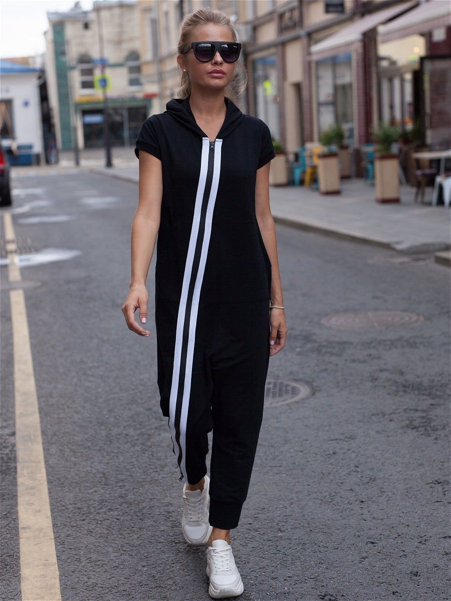 Fashion Stripes Zipper Hooded Jumpsuits