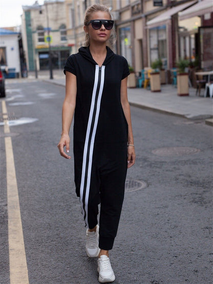 Fashion Stripes Zipper Hooded Jumpsuits