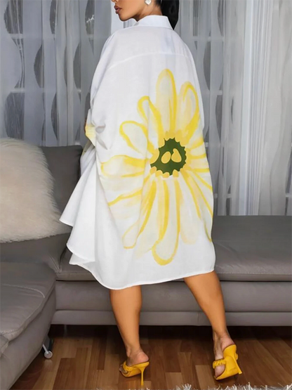 Half Sleeves Loose Buttoned Flower Print Lapel Mini Dresses Shirt Dress