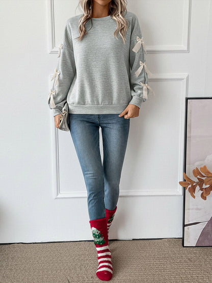 Split-Joint Contrast Color Bow-Embellished Loose Long Sleeves Round-Neck Sweatshirt Tops