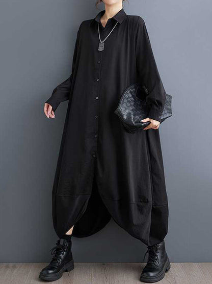 A-Line Long Sleeves Buttoned Pockets Solid Color Split-Joint Lapel Midi Dresses Shirt Dress