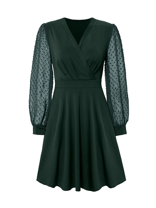 A-Line Long Sleeves Gauze Pleated Split-Joint V-Neck Midi Dresses