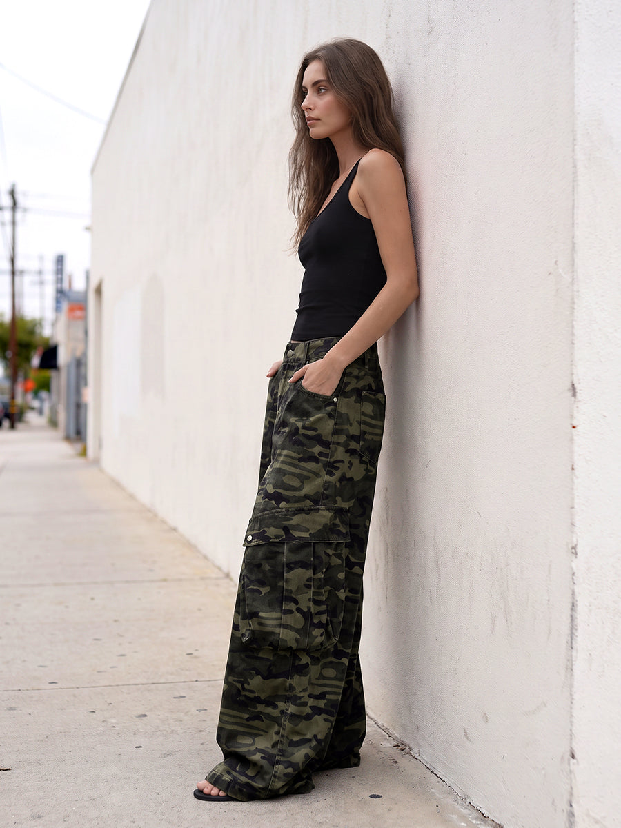 Zipper Pockets Camouflage Buttoned Wide Leg Loose Trousers Pants