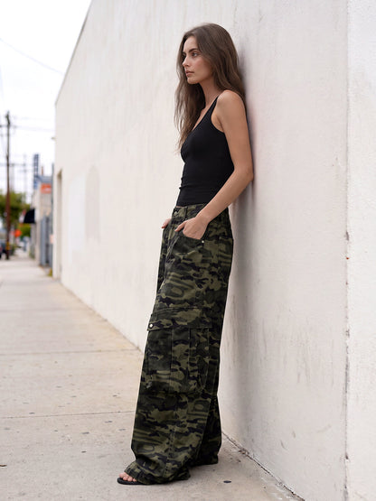 Zipper Pockets Camouflage Buttoned Wide Leg Loose Trousers Pants