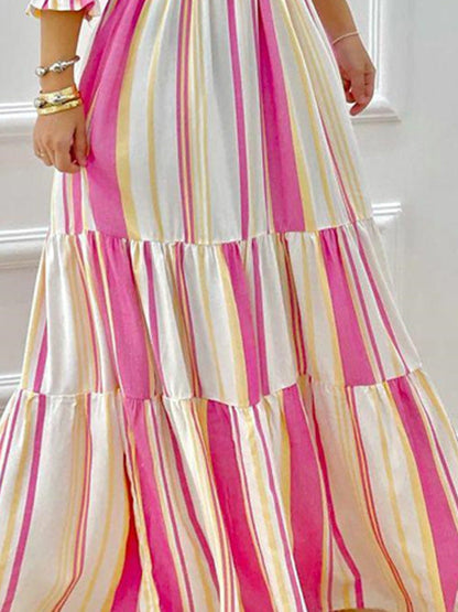 A-Line High Waisted Contrast Color Pleated Split-Joint Off-The-Shoulder Maxi Dresses