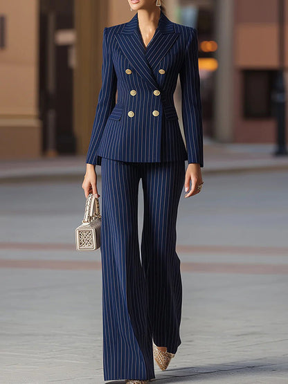 Long Sleeves Buttoned Pockets Striped Notched Collar Blazer Outerwear