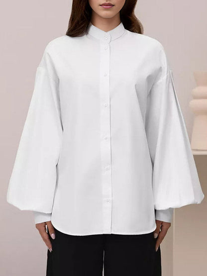 Loose Puff Sleeves Pleated Solid Color Split-Joint Split-Side Stand Collar Blouses