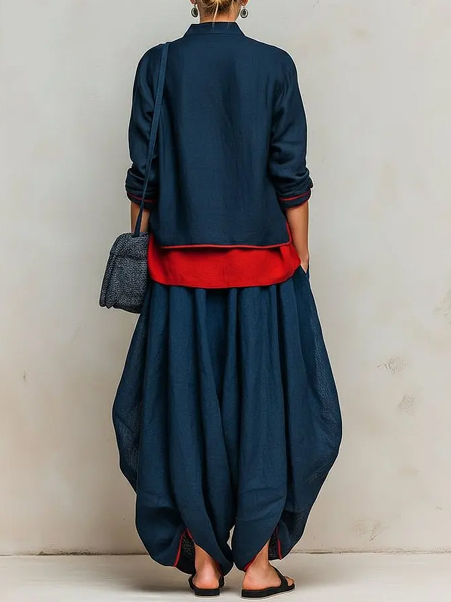 Contrast Color Loose Long Sleeves V-neck Blouses&shirts Tops